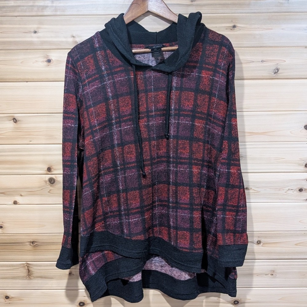 Ali‎ Miles Womens XL Red Black Plaid Hooded Tunic Top Long Sleeve High Low Hem